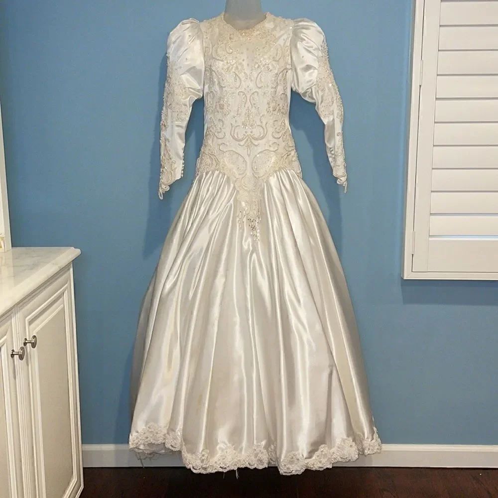 Moonlight Bridal Vintage Beaded Satin Wedding Gown / Professional Costume